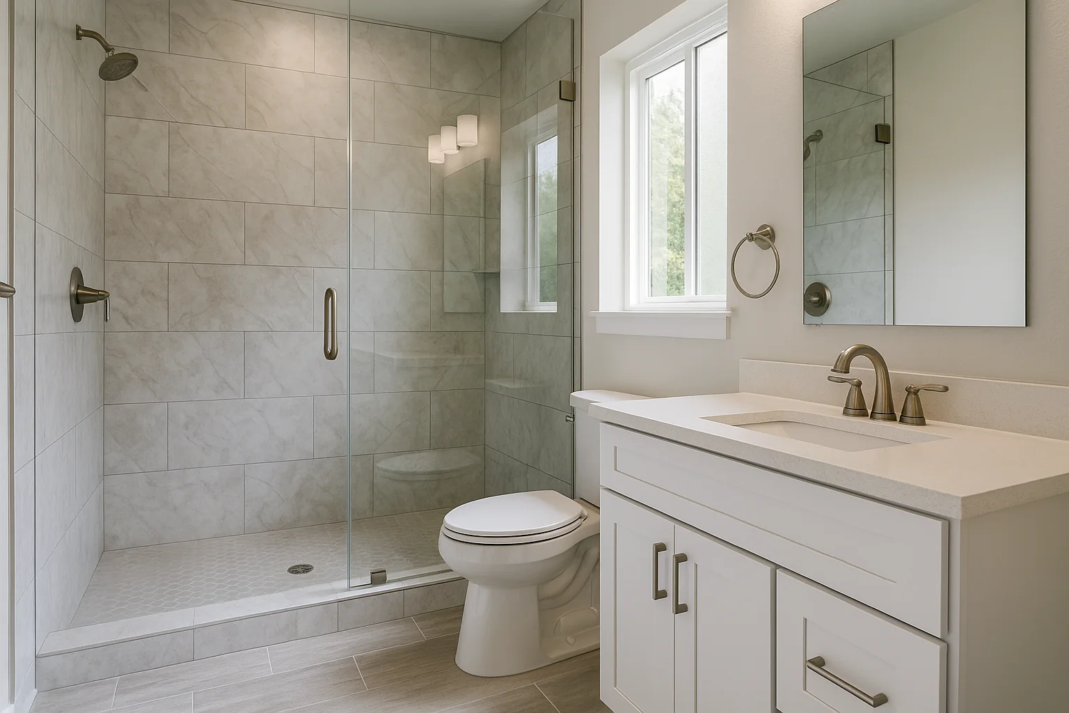 Remodeled modern bathroom in a Hillsboro home with tile and clean fixtures