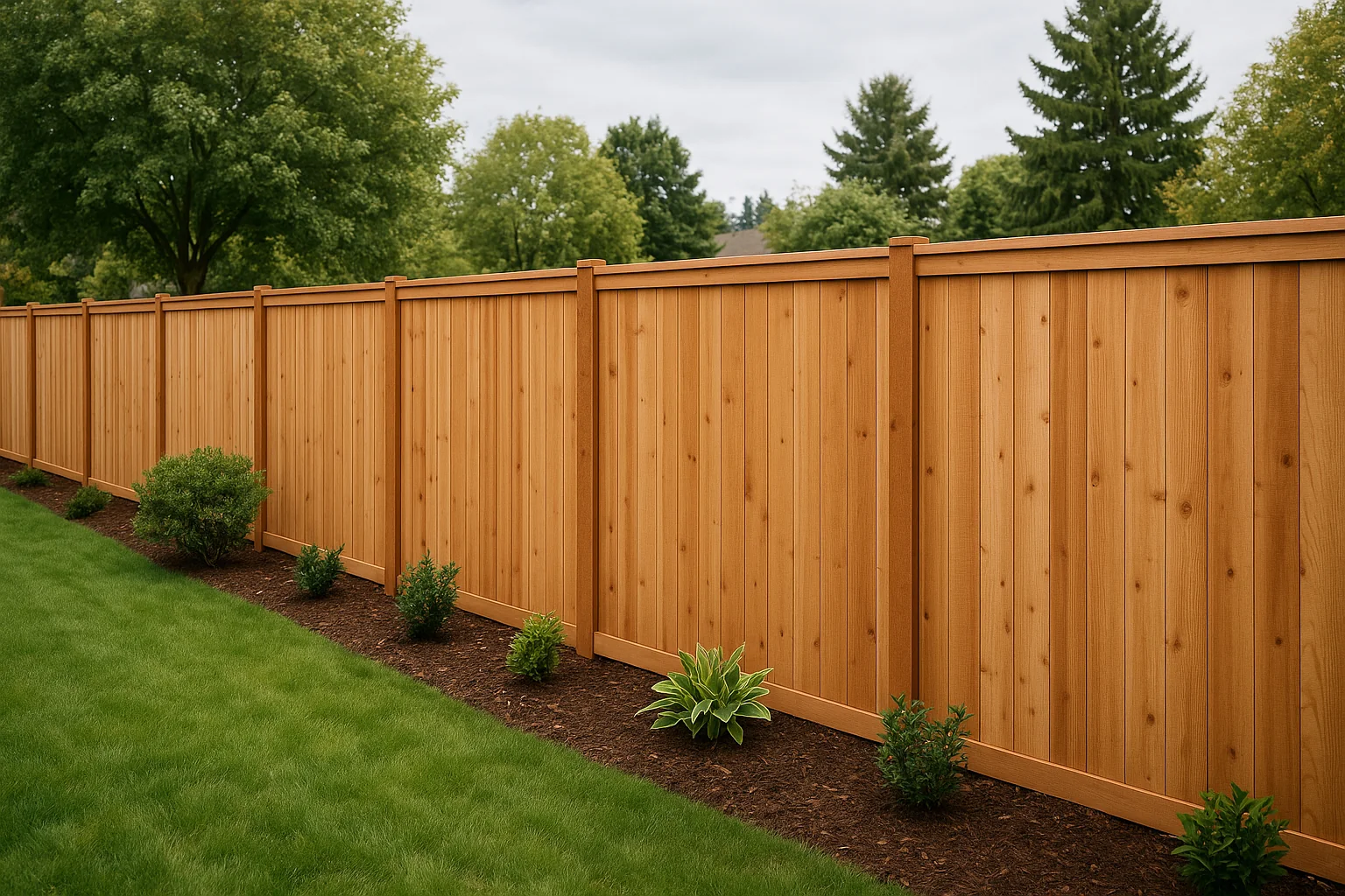 New cedar privacy fence in a Hillsboro backyard under soft valley light