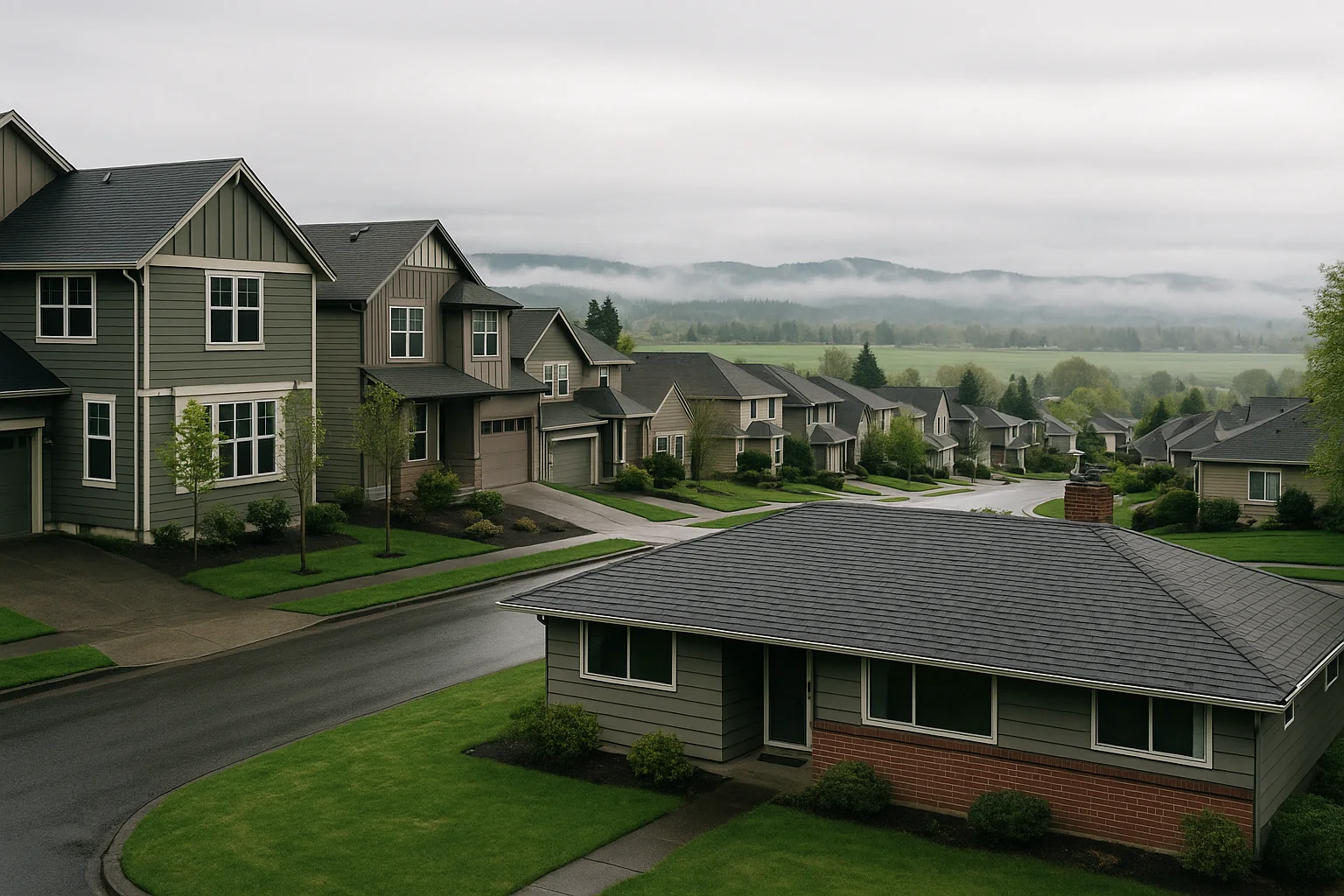 The Tualatin Valley behind a Hillsboro, Oregon neighborhood of newer and mid-century homes