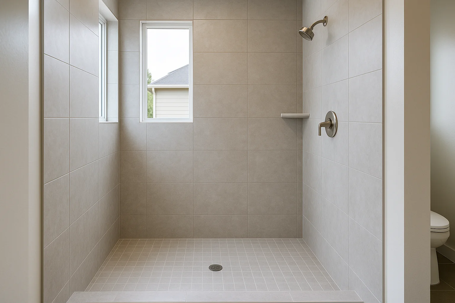 Newly tiled walk-in shower in a Hillsboro home bathroom